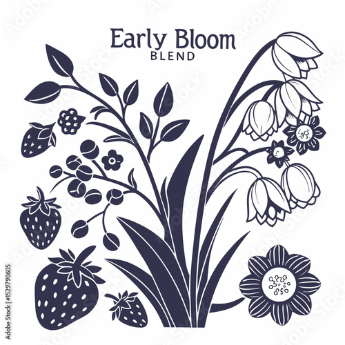 Early bloom blend floral design element with strawberries on white background