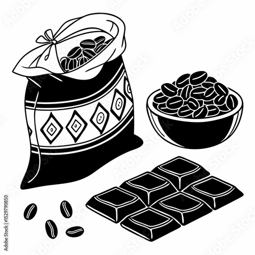 Coffee beans bag bowl chocolate bar delicious treat