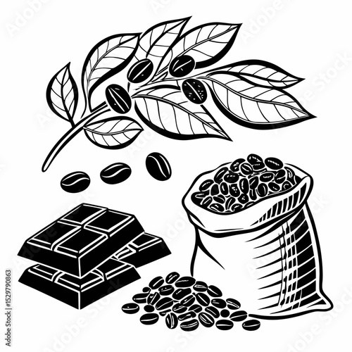 Coffee beans chocolate bar leaves plant sack graphic illustration