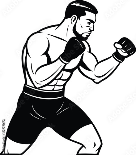 boxing fighter defensive stance black white line art vector