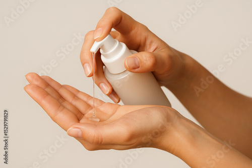 Hands Holding and Dispensing Lotion from Branded Cosmetic Bottle – Perfect Product Handling for Skincare E-Commerce & Beauty Ads