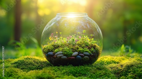 Glass terrarium with small plants, moss, and rocks, bathed in sunlight
