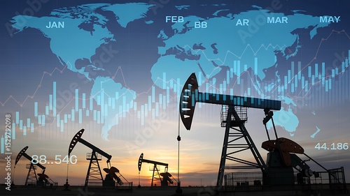 Oil pumps silhouette against sunset with world map and stock chart overlay representing global market