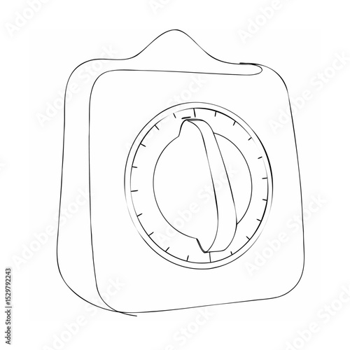 Minimalist line drawing of a retro kitchen timer with a simple dial for timekeeping
