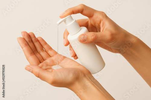 Hands Holding and Dispensing Lotion from Branded Cosmetic Bottle – Perfect Product Handling for Skincare E-Commerce & Beauty Ads