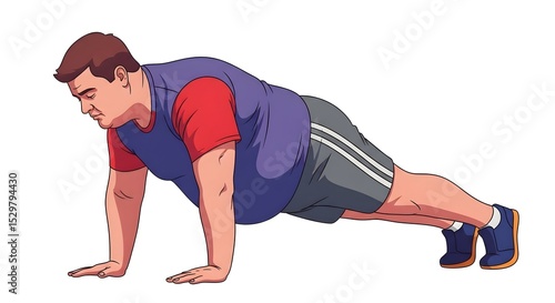 Overweight Man in Athletic Clothing Performing Push Up Exercise on White Background