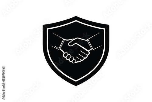 Silhouette art illustration of side profile of a handshake between a veteran hand and a civilian hand in a shield.eps