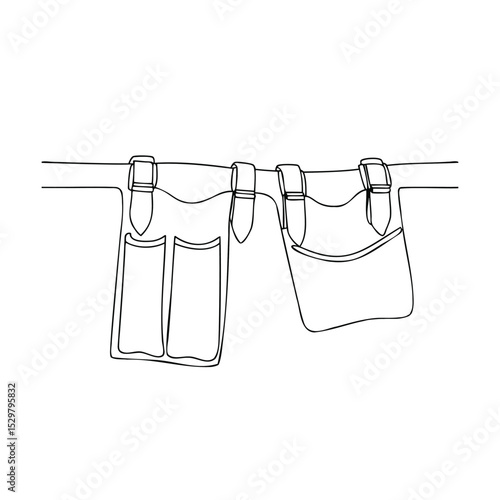 Single line drawing of a tool belt with pockets and metal buckles isolated