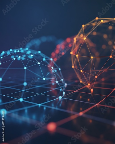 Abstract network spheres with blue and orange nodes connected by lines on a dark background space