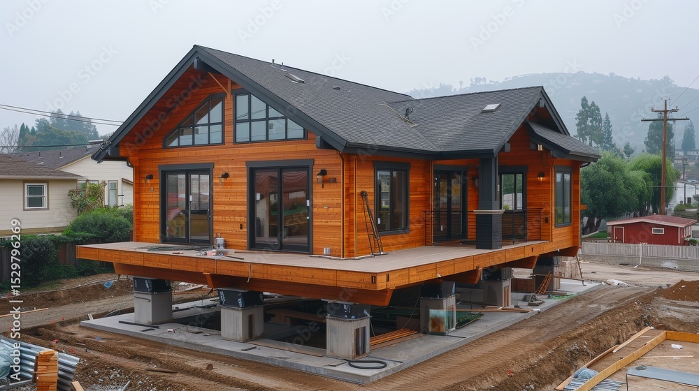 A contemporary wooden house in the process of construction, featuring modern architectural design elements, symbolizing innovation, progress, and sustainable living in the housing market. A contemporary wooden house in the process of construction, featuring modern architectural design elements, symbolizing innovation, progress, and sustainable living in the housing market.