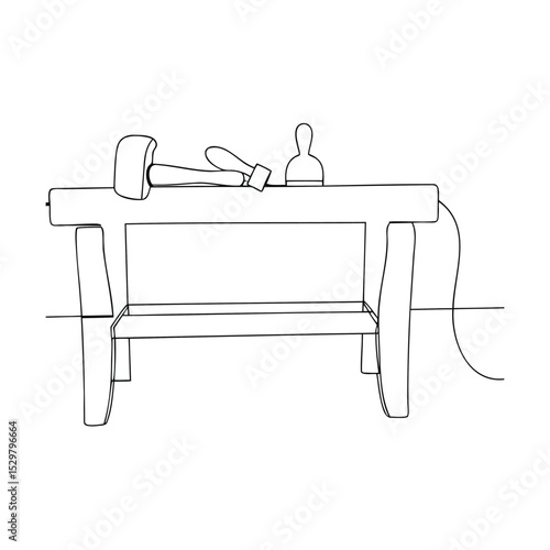A simple illustrated carpenter's workbench with tools ready for woodwork construction