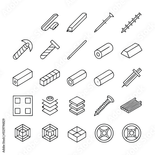 Construction and Industrial Metal Elements – Linear Icon Collection of Reinforcement Bars, Zinc Sheets, Structural Steel Parts and Fasteners