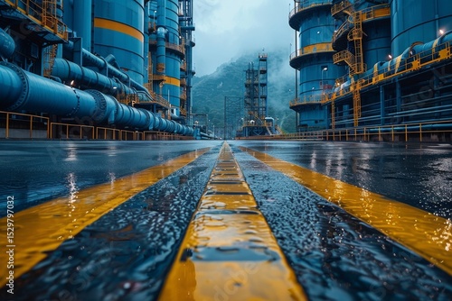 Wallpaper Mural A captivating view of an industrial plant featuring large pipes, machinery, and a reflective wet road under overcast skies, showcasing the complexity of modern infrastructure. Torontodigital.ca