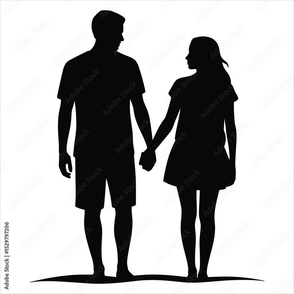 a man and woman standing beach side by side, holding hands, facing slightly toward each other a man and woman standing beach side by side, holding hands, facing slightly toward each other