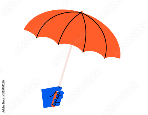 Hand drawn cute cartoon illustration of hand holding umbrella. Flat vector protection tool in arm sticker doodle. Safety symbol icon. Financial guarantee. Customer care. Security system. Isolated.