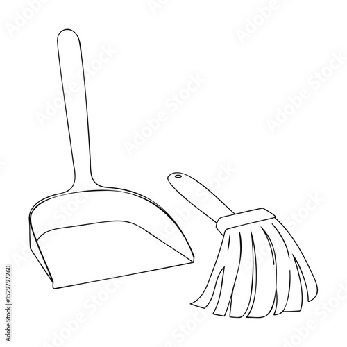 Outlined illustration of dustpan and mop representing house cleaning and sanitation