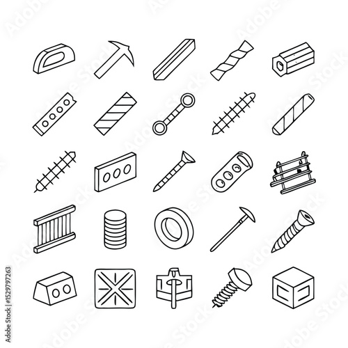 Steel and Metal Products Line Icons – Editable Stroke Vector Set of Pipes, I-Beams, Channels, Rebar, Bolts, Nuts, Screws, and Mesh Components