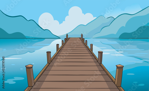 long wooden bridge extending into a foggy lake 