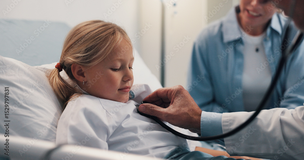Obraz premium Doctor, child or stethoscope on hospital bed for checkup, visit or examination at healthcare clinic. Girl, kid and medical professional checking patient with tool for heart beat, cardiology or test