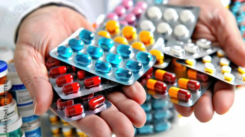 Hands display an assortment of colorful medications among various pill packaging, illustrating the diversity of pharmaceutical products