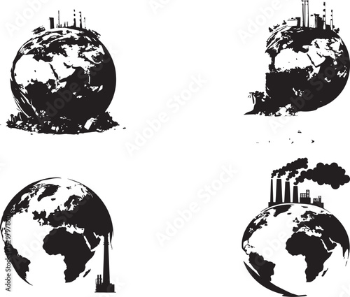 Global Warming Illegal Pollution Destroying Green Environment Concept Icon Symbol Sign Pictogram with silhouette set