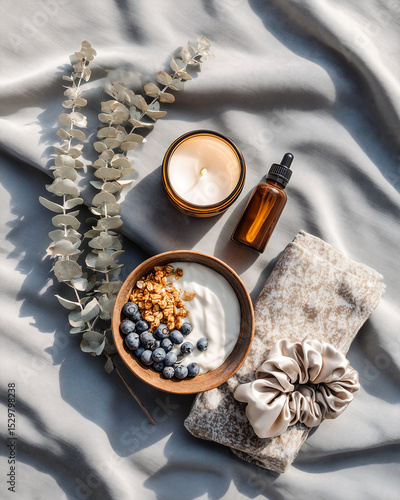 Soft wellness morning flat lay with wooden bowl and candle