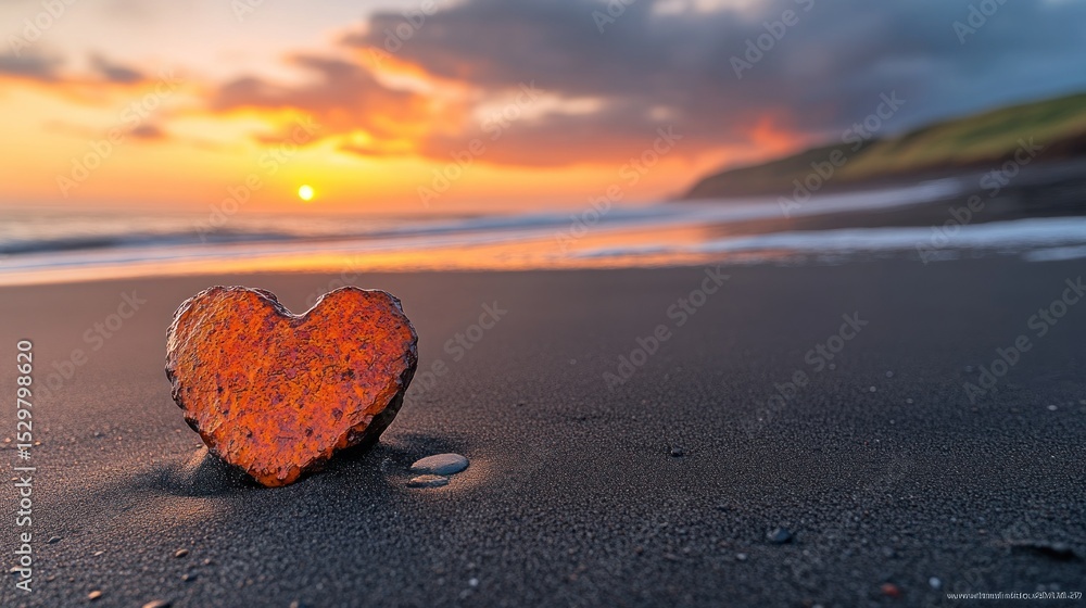 Fototapeta premium Heart-shaped rock on a beach at sunset