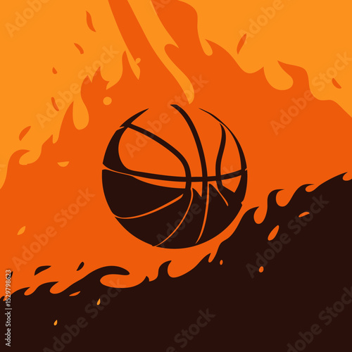 Illustration of a basketball with flames and dark shapes