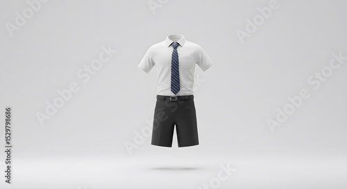 School Uniform: 3D Render of Boys White Shirt, Dark Shorts and Tie