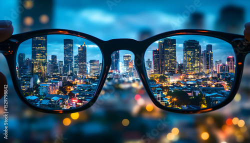Vision correction. Cityscape becoming clearer when looking through glasses