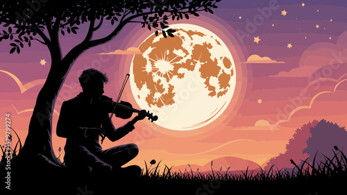 Serene night musician silhouette design featuring a violinist under a majestic moon and starry sky perfect for branding and logo design