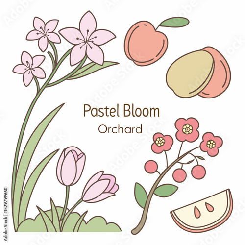 Pastel bloom orchard spring flowers fruits tulips peaches apples