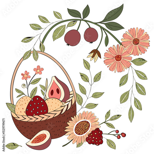 Basket of fresh fruit and flowers summer harvest abundance