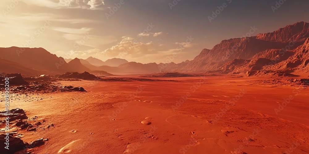 Naklejka premium Cinematic Red Desert Landscape on Mars in Realistic Science Fiction Style