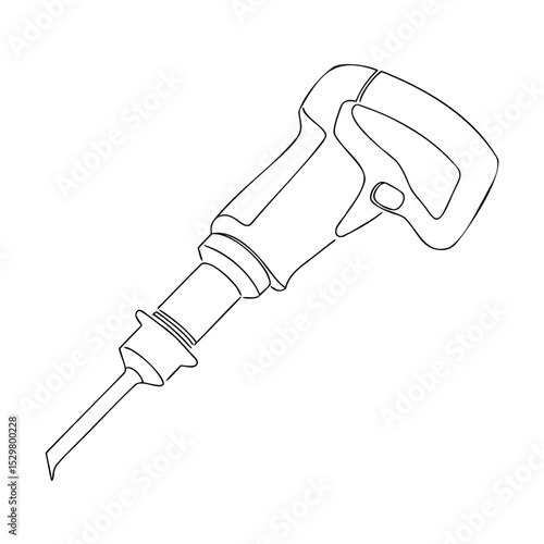 Detailed black and white line drawing of a construction jackhammer tool