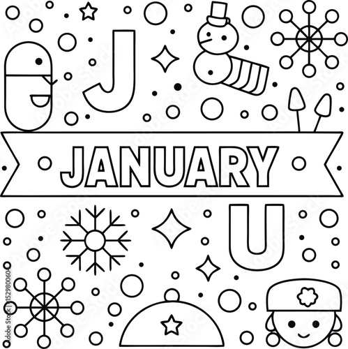 January doodle with snowman, snowflakes, cartoon nurse, penguin, and winter hat