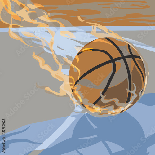 A basketball engulfed in flames on a basketball court