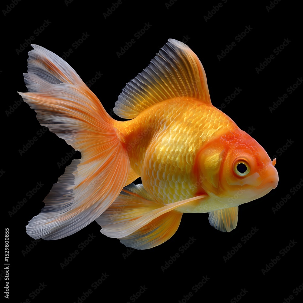 Vibrant Goldfish with Flowing Fins in a Black Background Aquarium Vibrant Goldfish with Flowing Fins in a Black Background Aquarium