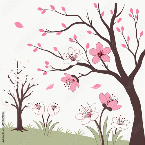 Elegant pink blossom trees isolated on white background, spring floral design elements