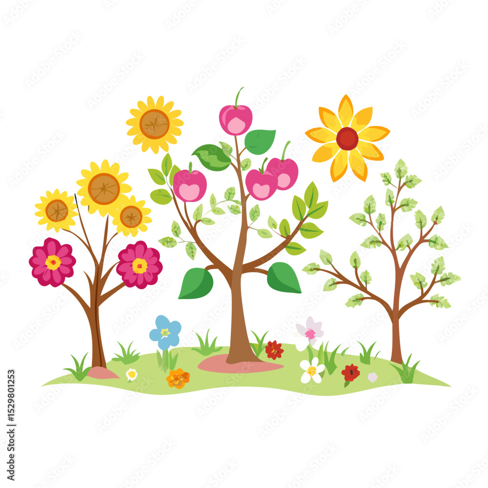 Fototapeta premium Colorful garden illustration with sunflowers, fruit trees, and flowers on white background
