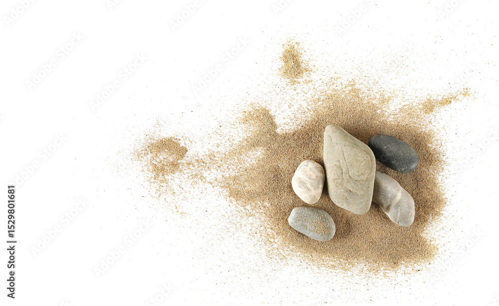 Obraz premium pile sand scattered with stones, isolated on white background, top view