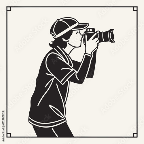 Wallpaper Mural Woman photographer cap camera black white illustration Torontodigital.ca