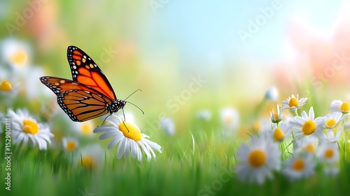 Colorful Monarch Butterfly on White Daisy in Sunny Meadow Scene