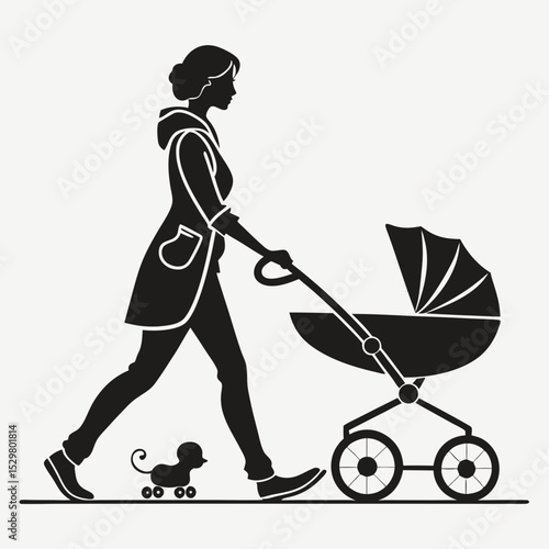Mother walking with baby stroller and pet on wheels
