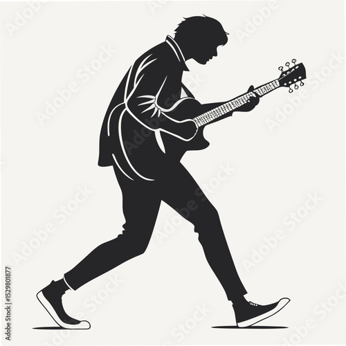 Silhouette of a musician playing acoustic guitar on white background