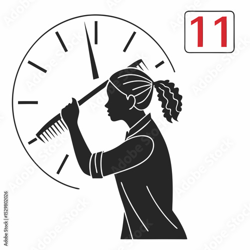Girl using comb as clock hand time management concept