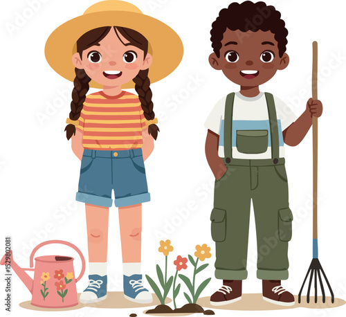 Two children gardening with watering can and rake planting flowers vector illustration 