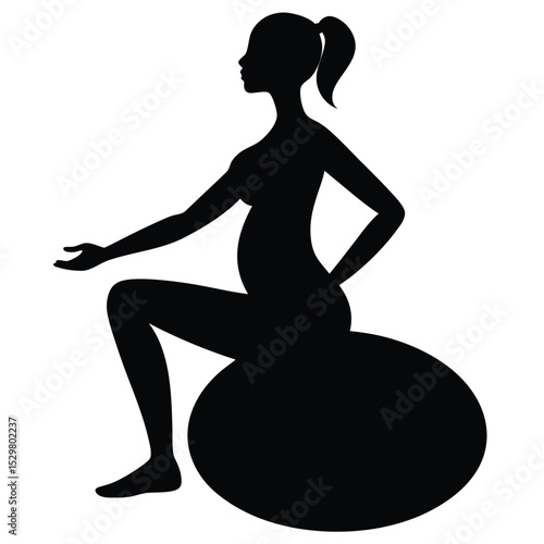 Silhouette of a pregnant woman exercising on a fitness ball in black and white