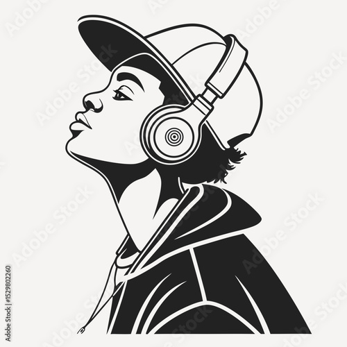 Young person wearing headphones and baseball cap listening to music