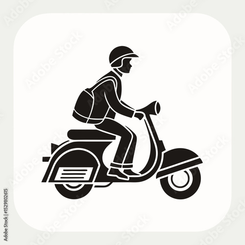 Person riding a scooter wearing a helmet and backpack
